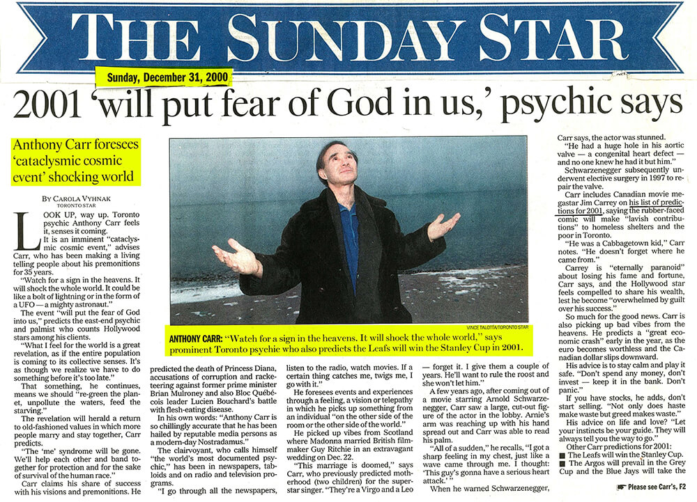 Anthony's 9/11 Prediction in Toronto Star 1